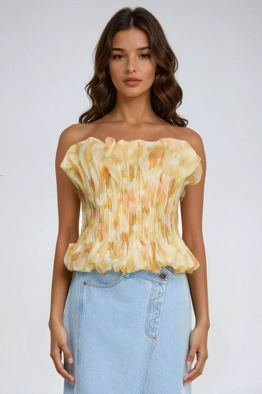 Strapless Pleated Top with Ruffled Details - Yellow