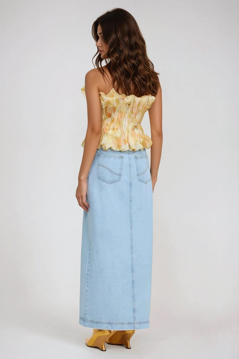 Strapless Pleated Top with Ruffled Details - Yellow