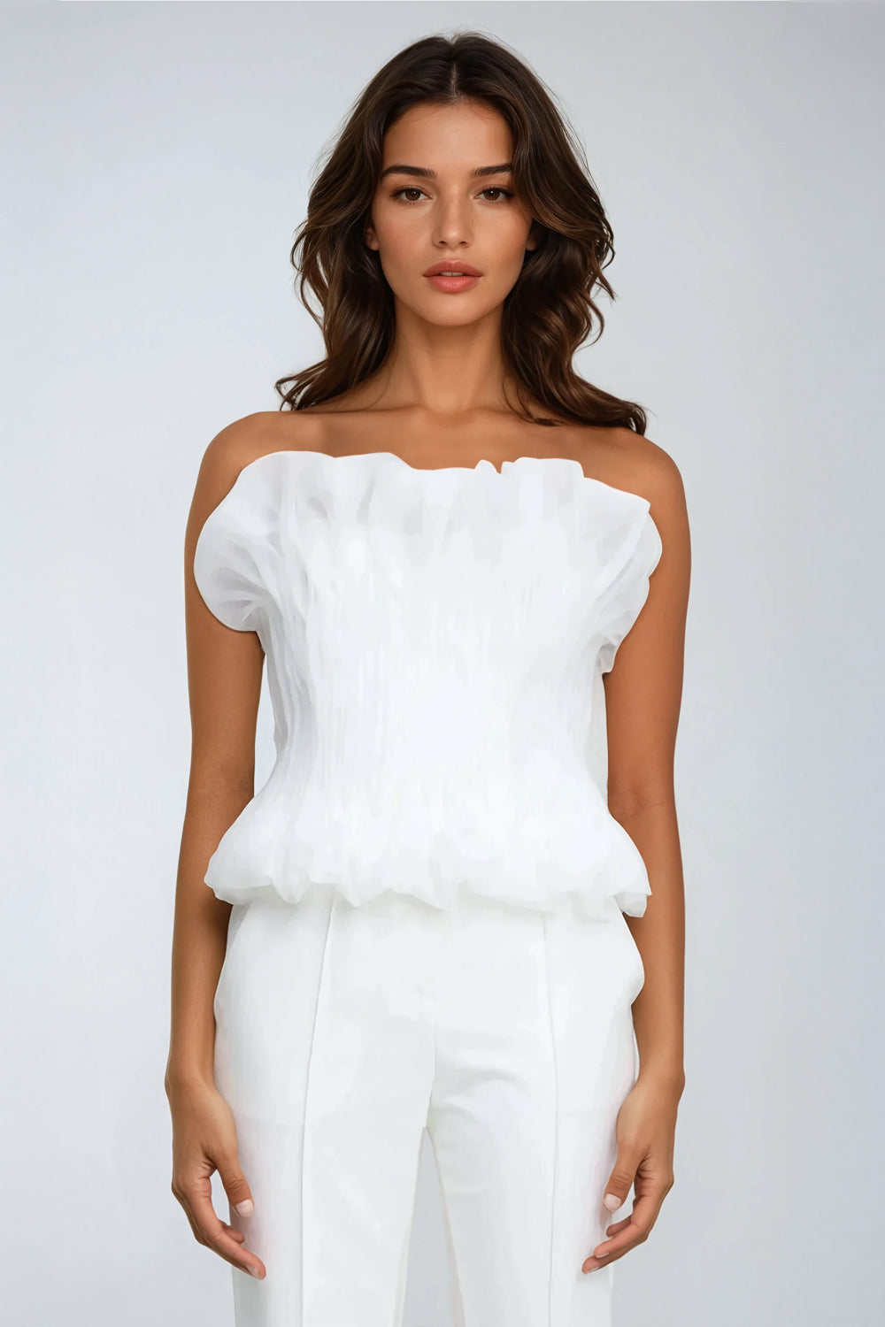 Strapless Pleated Top with Ruffled Details - White