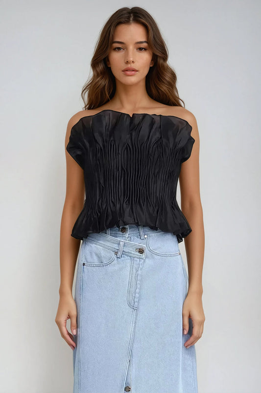 Strapless Pleated Top with Ruffled Details - Black