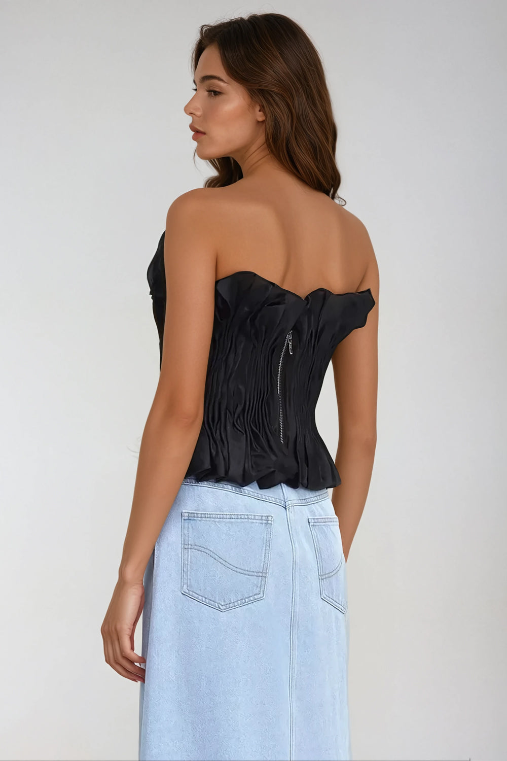Strapless Pleated Top with Ruffled Details - Black