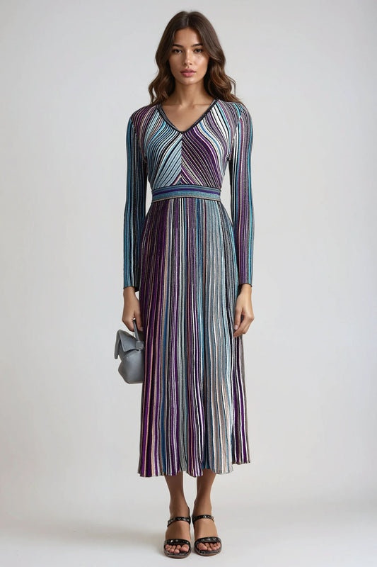 Long Sleeve Maxi Dress with Metallic Stripes Accent - Blue