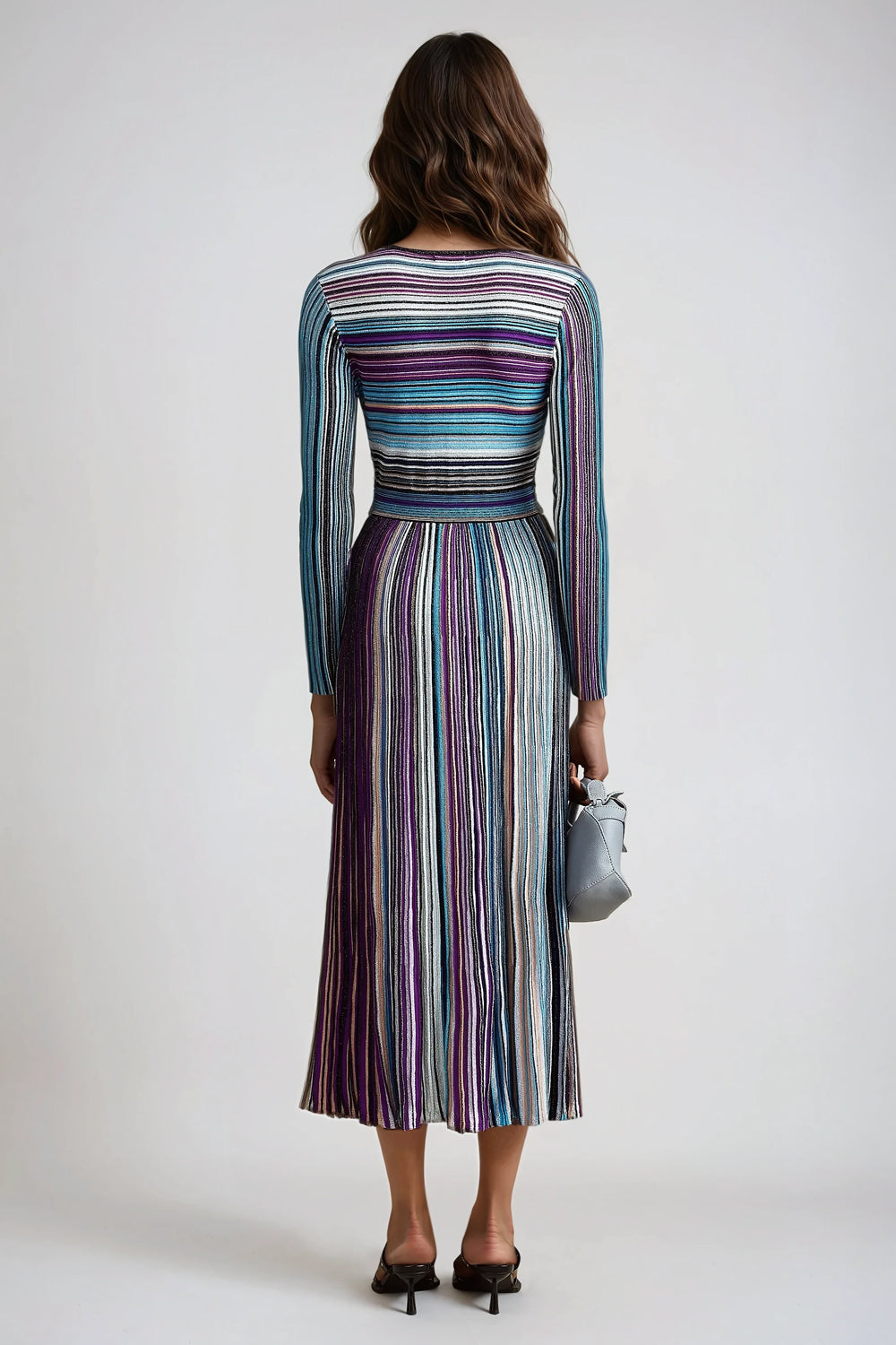 Long Sleeve Maxi Dress with Metallic Stripes Accent - Blue