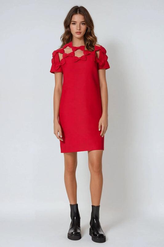 Mini Dress with Bow-Accented Cutout Design - Red