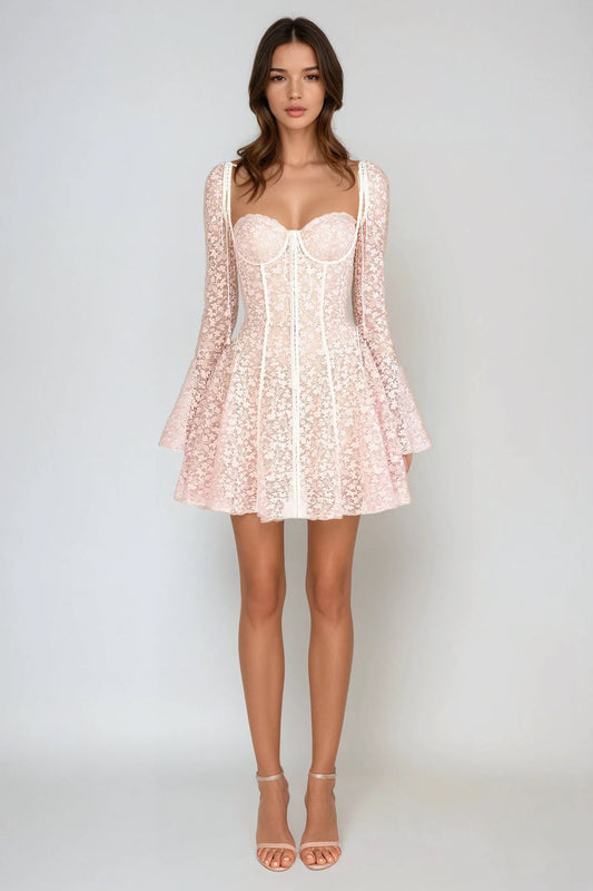 Mini Dress with Lace Overlay and Flared Sleeves - Beige