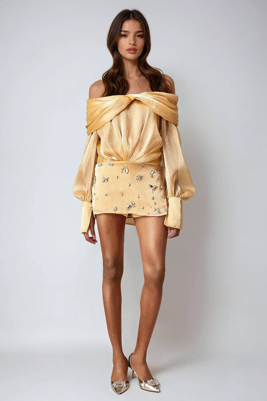 Off-Shoulder Embellished Mini Dress - Beige