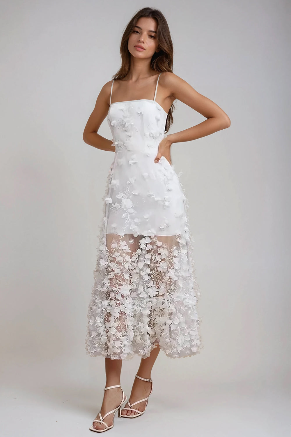 Floral Embellished Sheer Midi Dress - White
