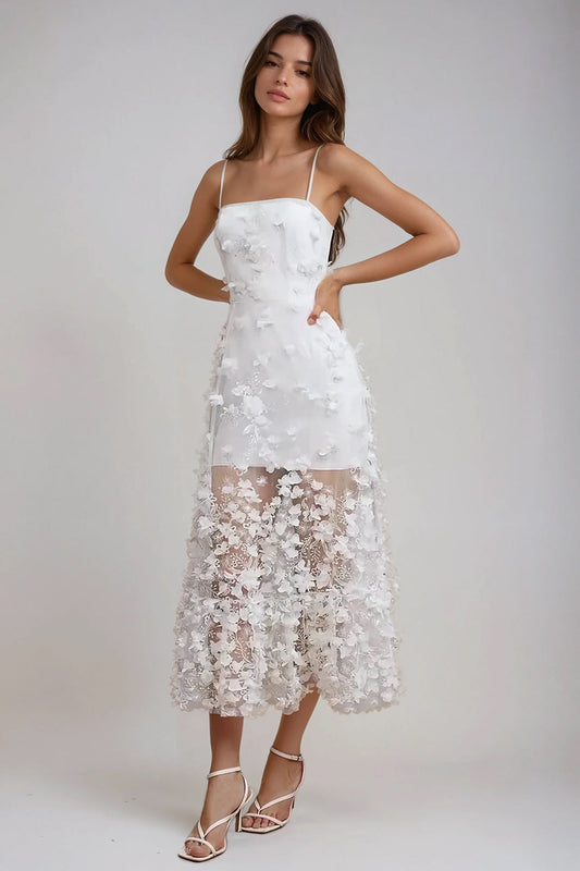 Floral Embellished Sheer Midi Dress - White
