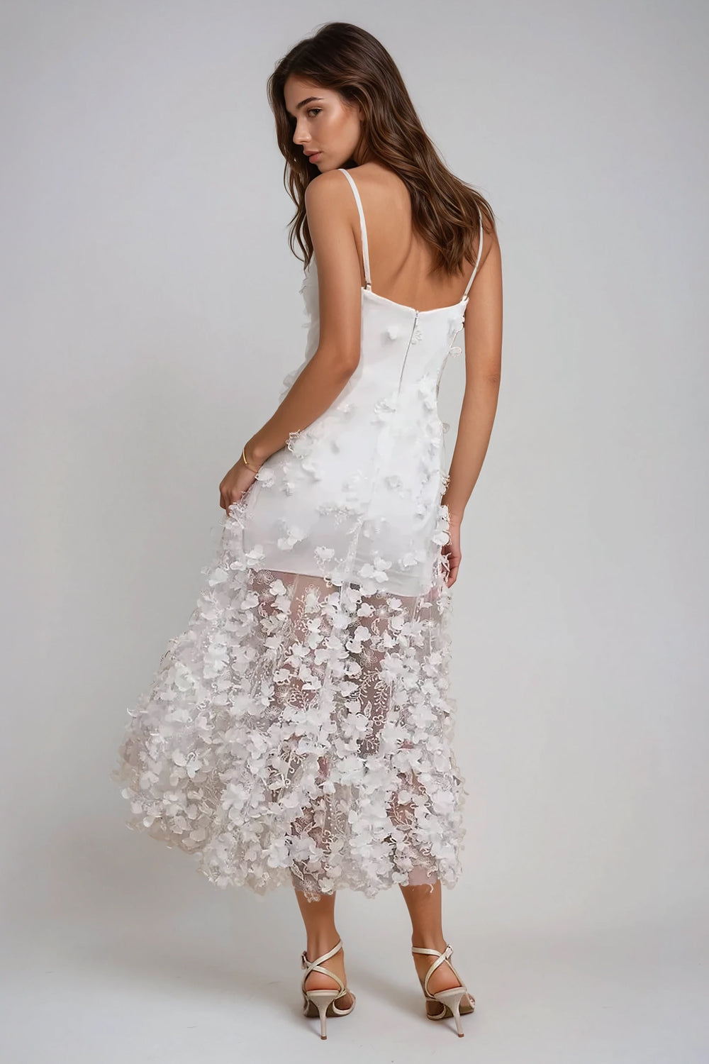Floral Embellished Sheer Midi Dress - White
