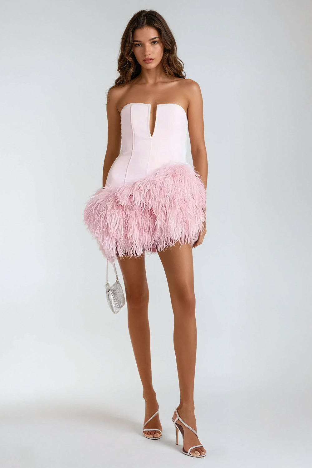 Strapless Mini Dress with Feathered Hem - Pink