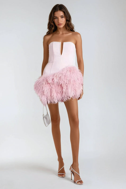 Strapless Mini Dress with Feathered Hem - Pink