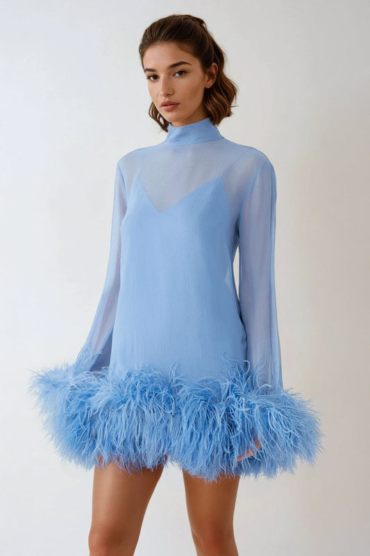 Long Sleeve Mini Dress with Feather Hem and High Neck - Blue