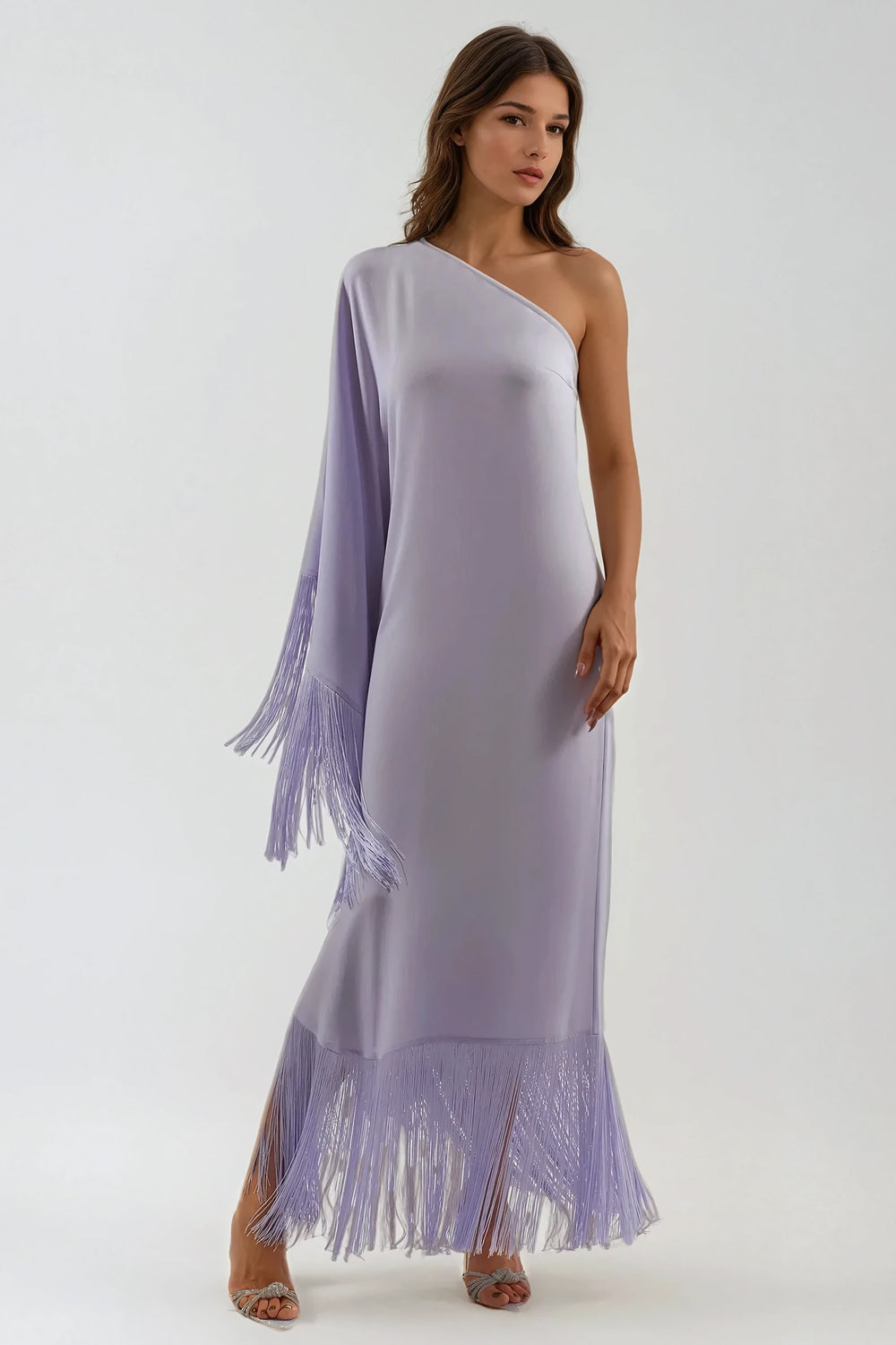 Asymmetrical Midi Dress with Fringe Detailing - Purple