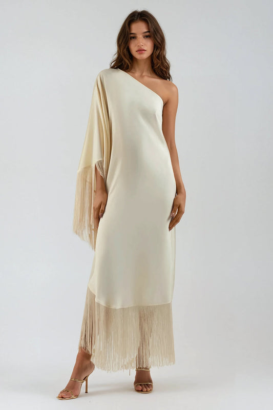 Asymmetrical Midi Dress with Fringe Detailing - Beige