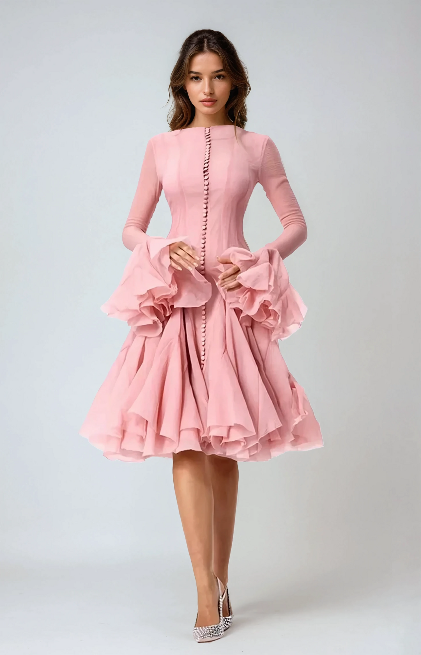 Midi Dress with Ruffle Cuffs and Buttoned Front - Pink