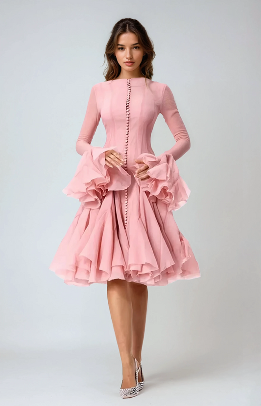 Midi Dress with Ruffle Cuffs and Buttoned Front - Pink