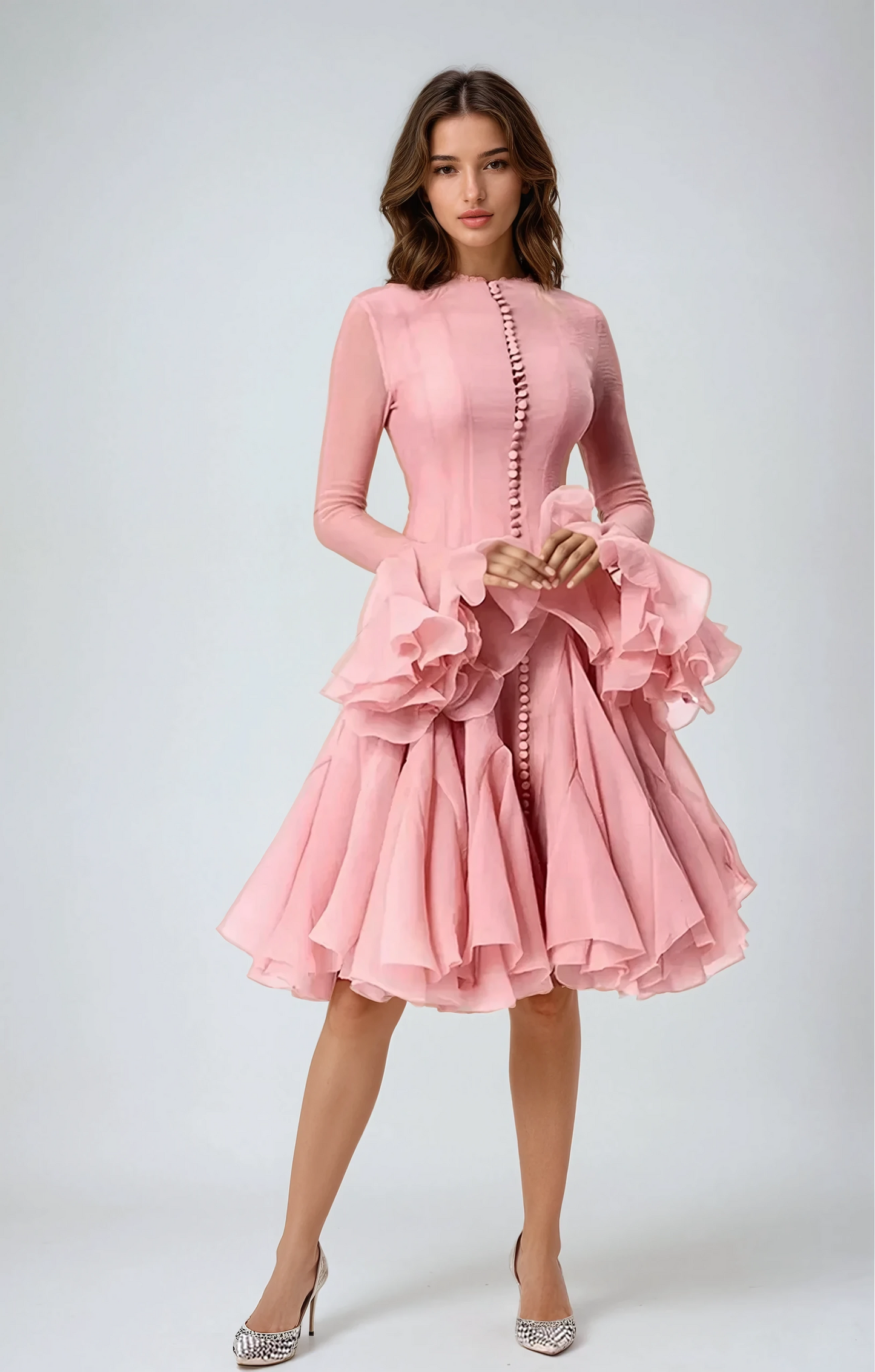 Midi Dress with Ruffle Cuffs and Buttoned Front - Pink
