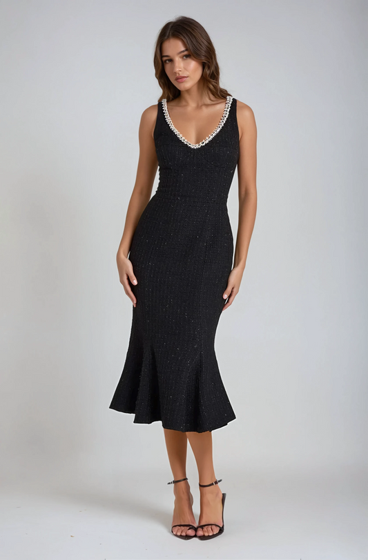 Midi Dress with Embellished Trim and Flared Hem - Black