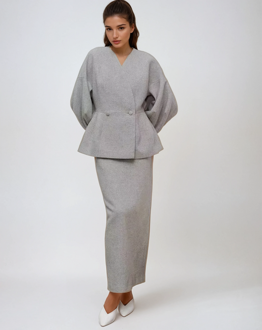 Two-Piece Set with Wrap Jacket and Maxi Skirt - Gray