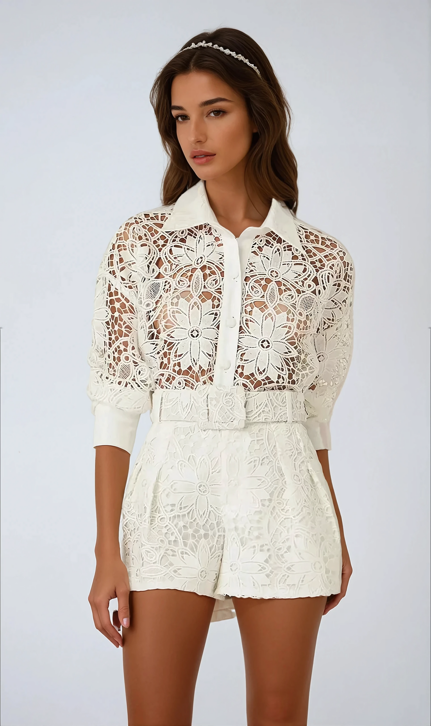 Two-Piece Set with Lace Shirt and Belted Shorts - White