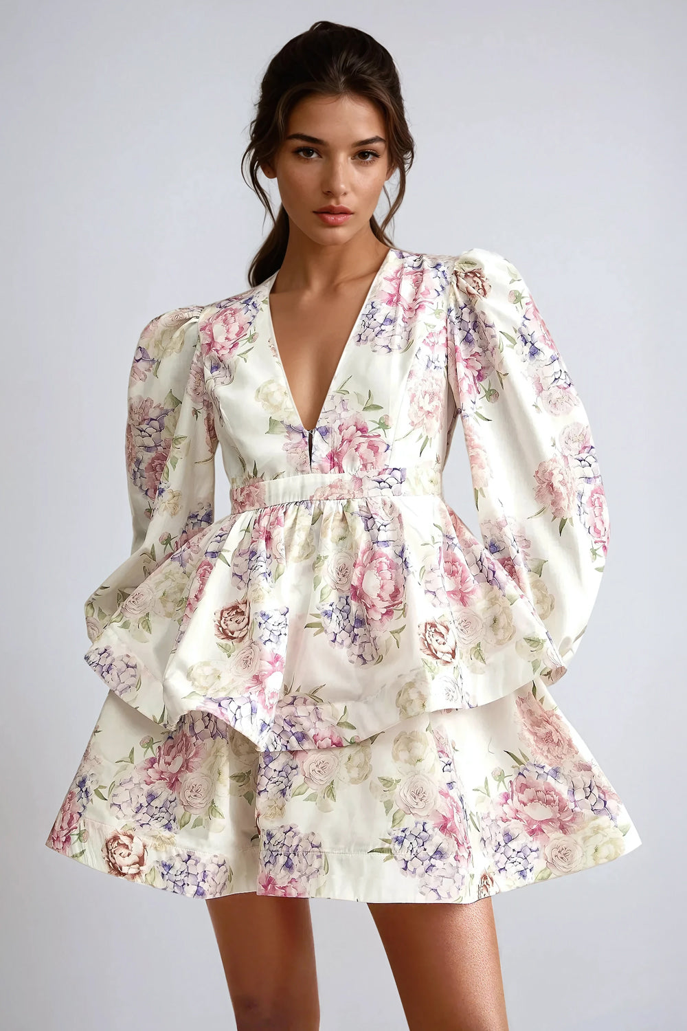 Deep V-Neckline Mini Dress with Layered Ruffle Skirt - White