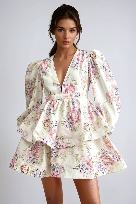 Deep V-Neckline Mini Dress with Layered Ruffle Skirt - White