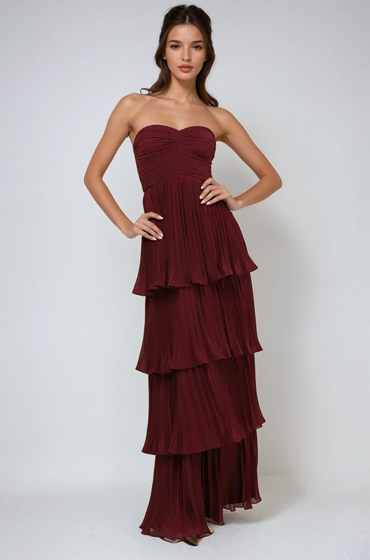 Strapless Pleated Layered Maxi Dress - Maroon