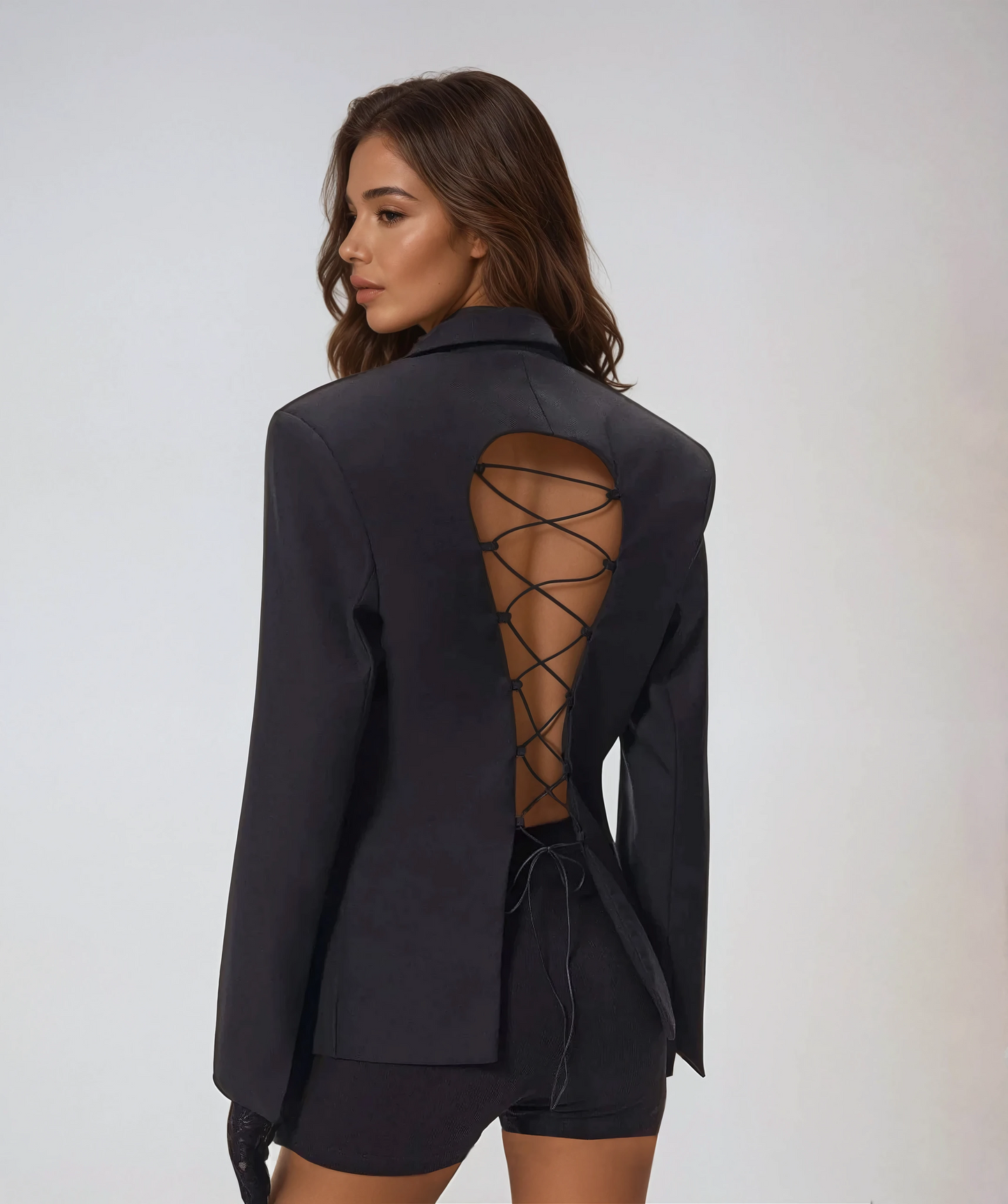 Blazer with Lace-Up Back Detail - Black