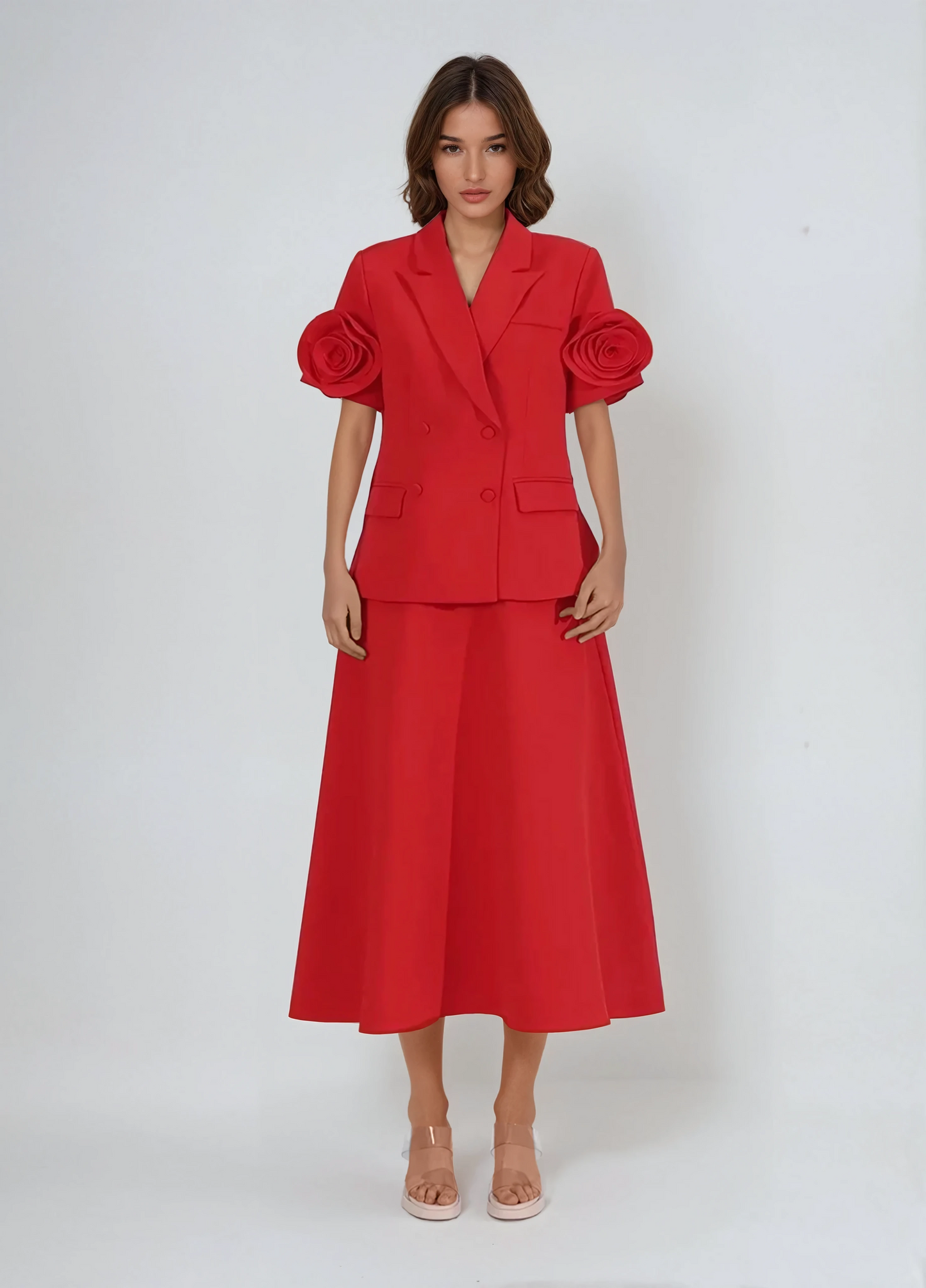 Two-Piece Set with Blazer and Midi Skirt - Red