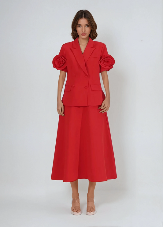 Two-Piece Set with Blazer and Midi Skirt - Red