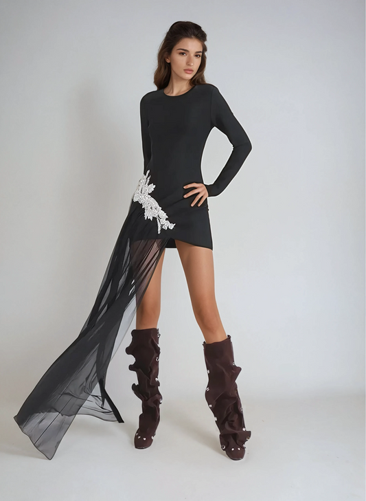 Long Sleeve Mini Dress with Sheer Panel and Embellishment - Black