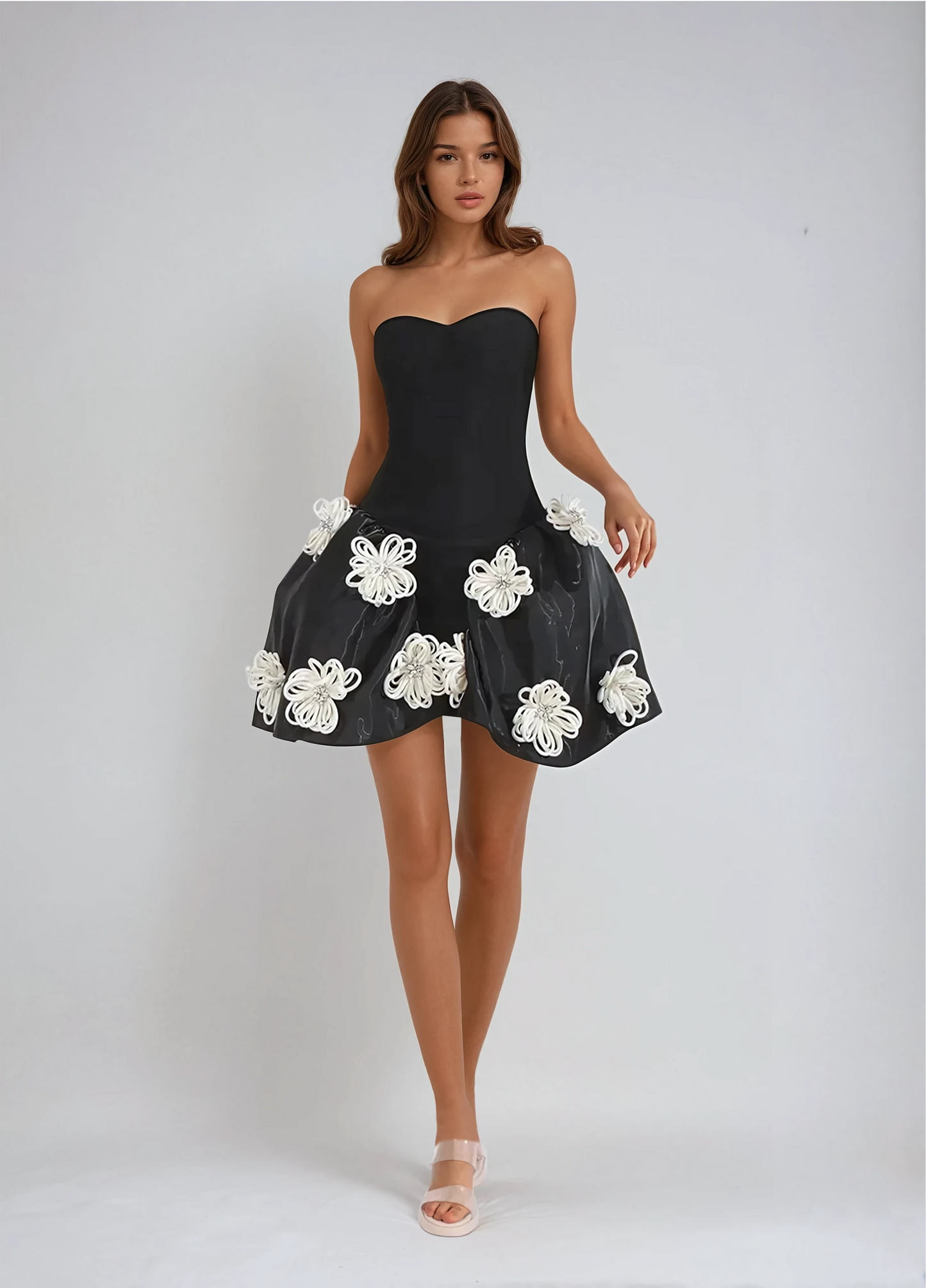 Strapless Mini Dress with Embellished Skirt - Black