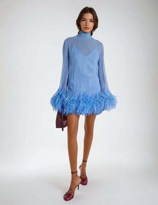 Mini Dress with Sheer Long Sleeves and Feather Trim - Blue