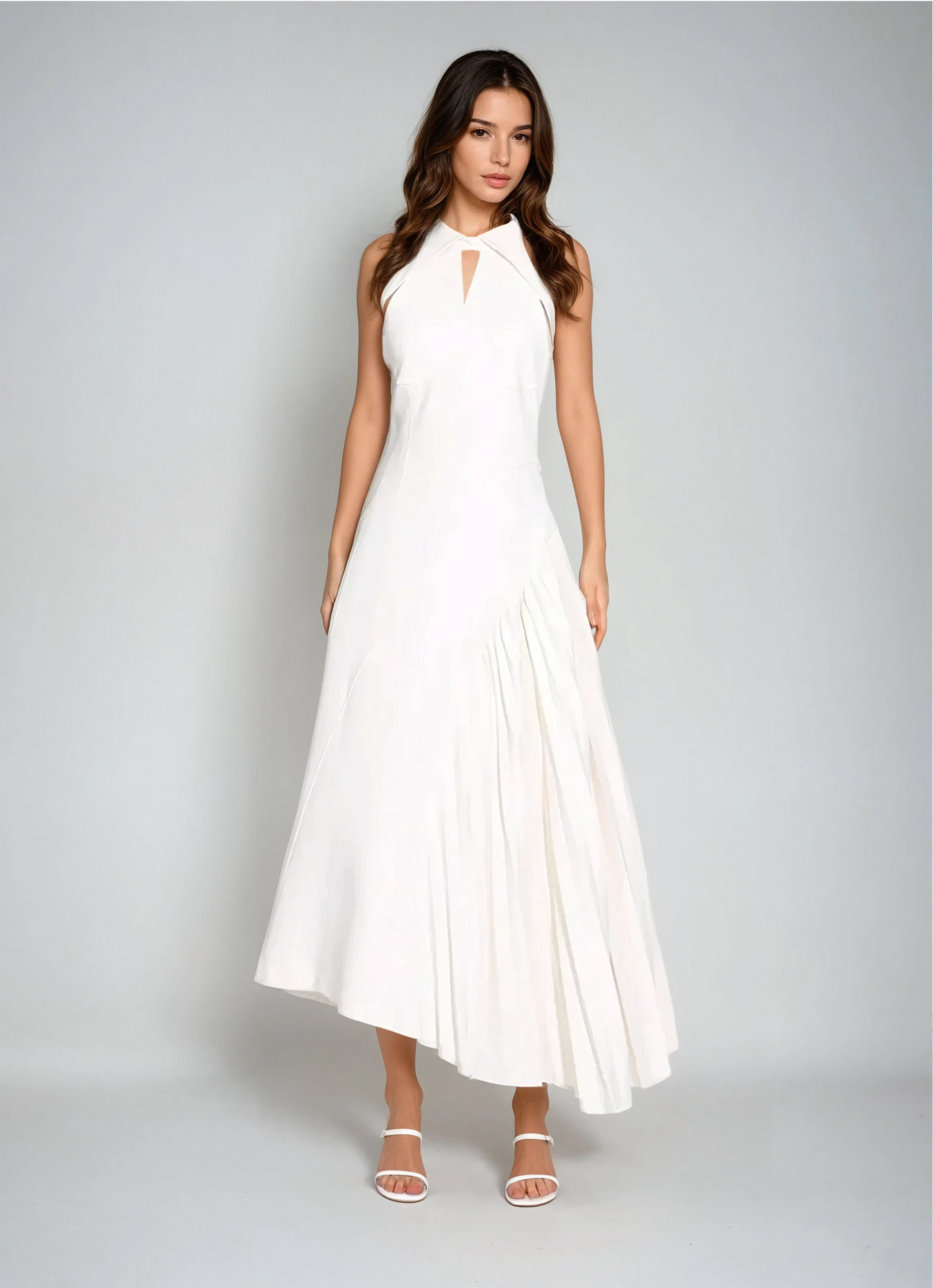 Halter Neck Pleated Panel Midi Dress - White