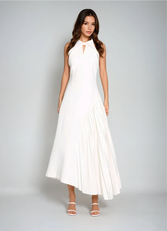 Halter Neck Pleated Panel Midi Dress - White