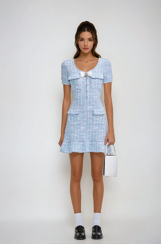 Short Sleeve Mini Dress with Bow and Button Accents - Blue