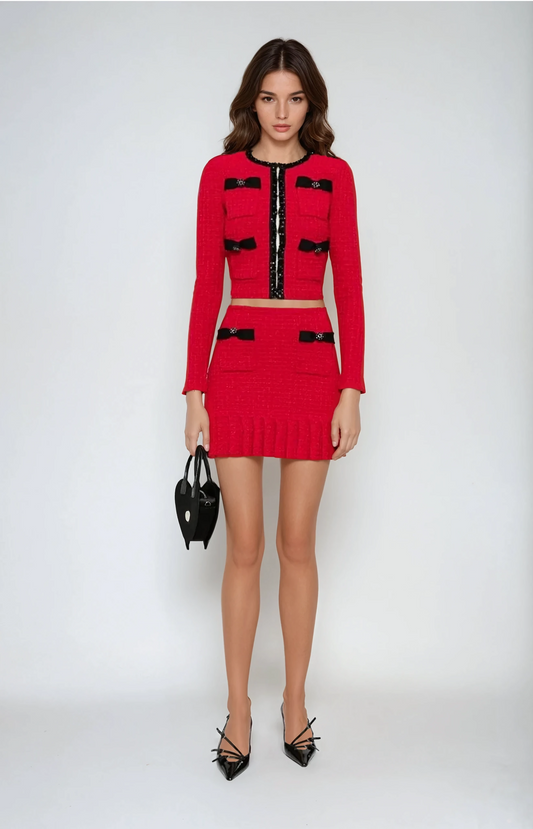 Two-Piece Set with Cropped Jacket and Mini Skirt - Red