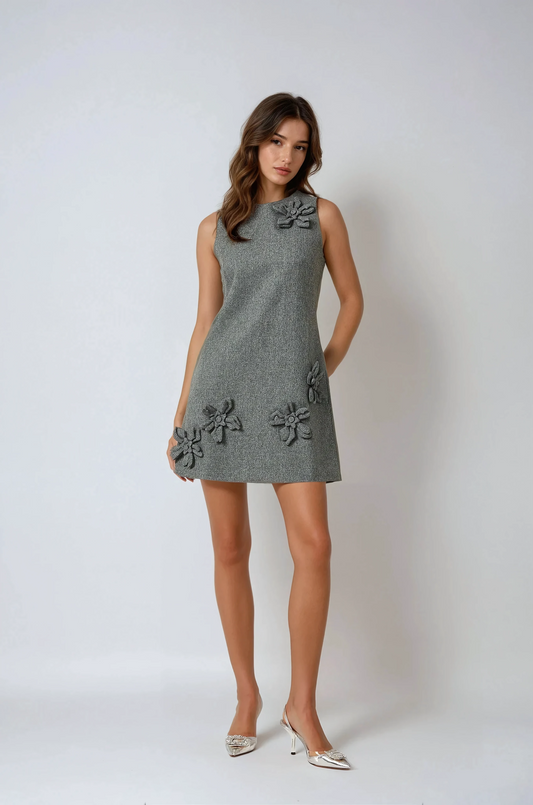 Sleeveless Mini Dress with Floral Embellishments - Gray