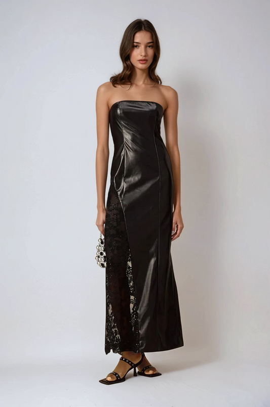Strapless Leather Maxi Dress with Sheer Lace Panel  - Black