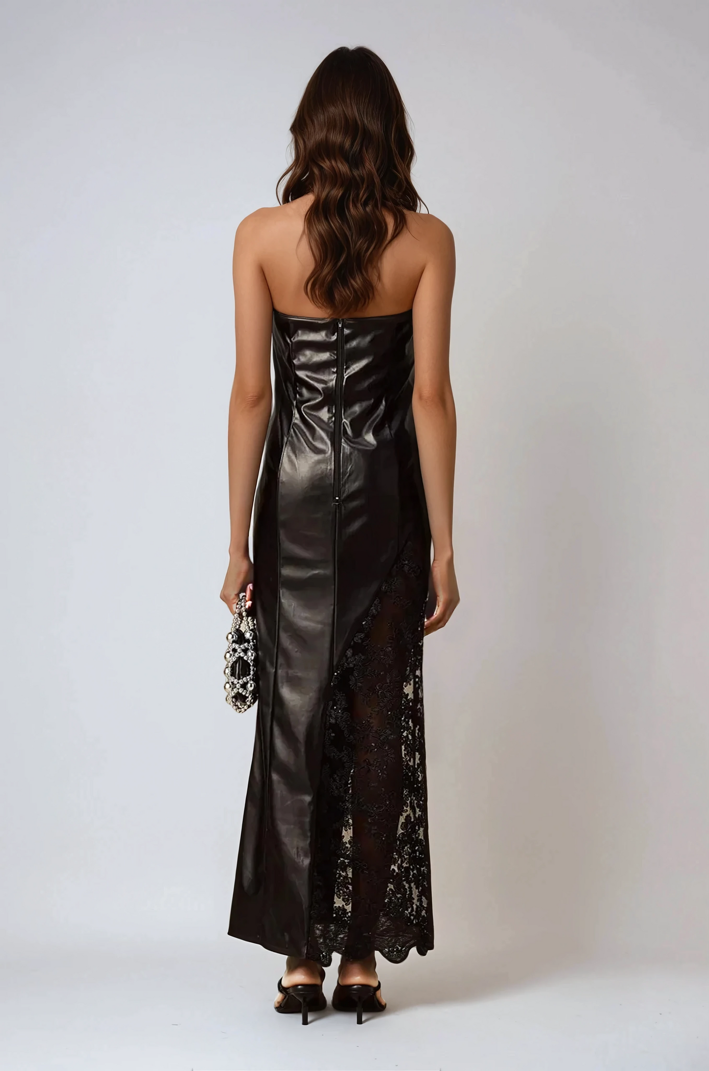 Strapless Leather Maxi Dress with Sheer Lace Panel  - Black