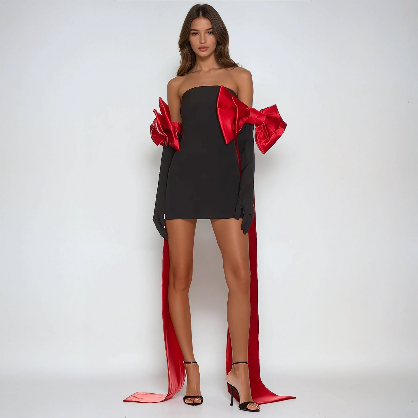 Strapless Mini Dress with Long Draped Bow Sleeves - Black
