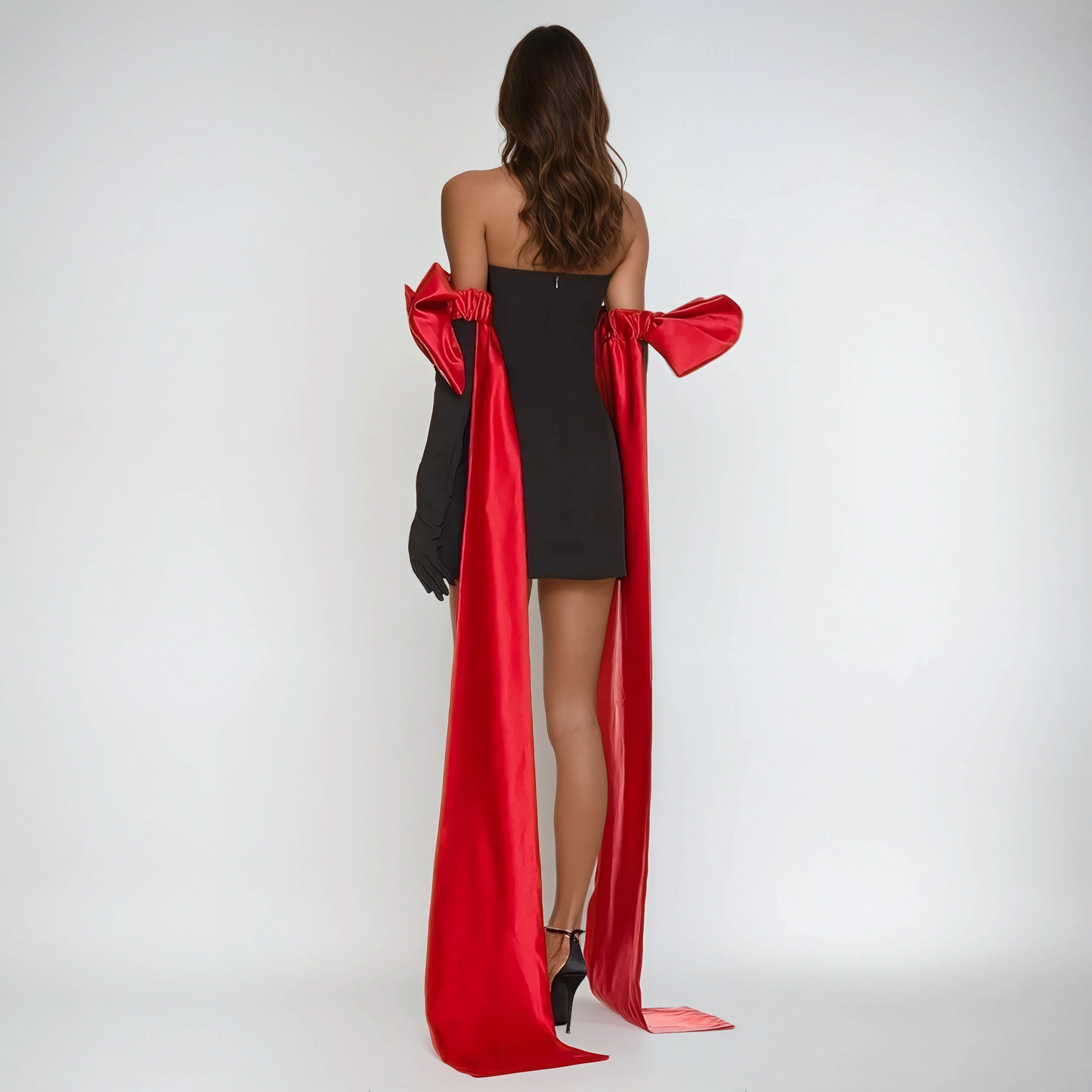 Strapless Mini Dress with Long Draped Bow Sleeves - Black