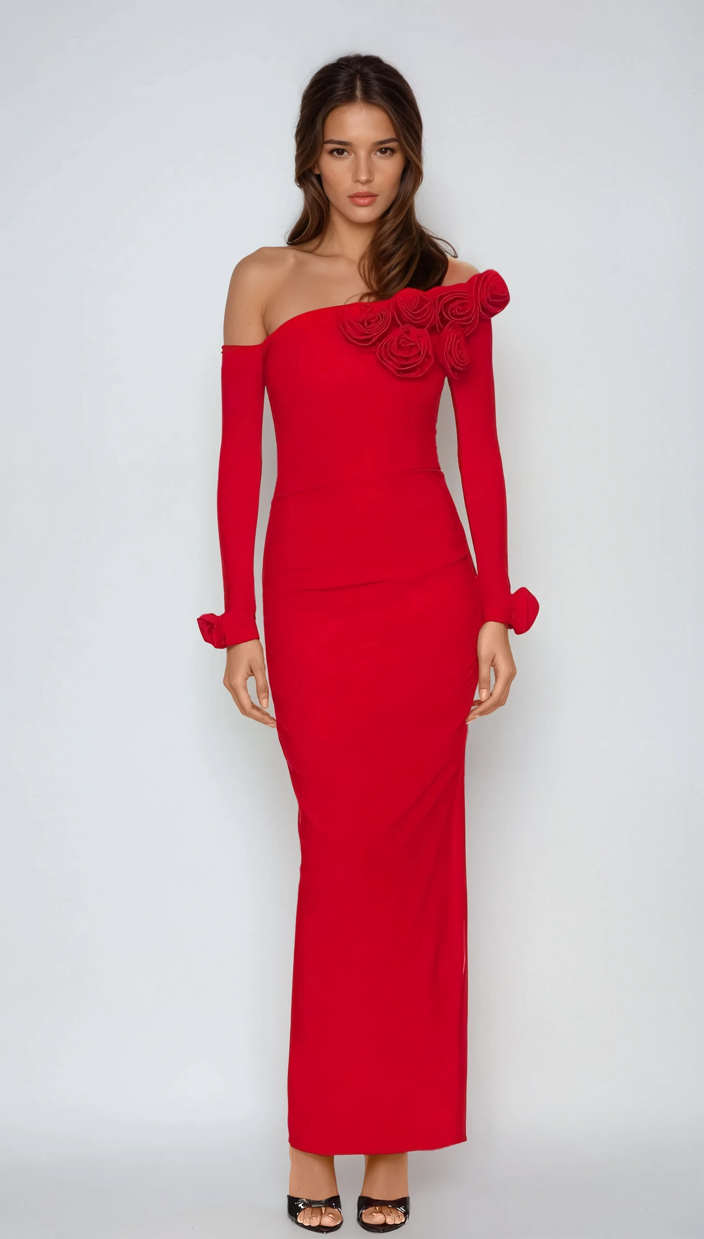 Asymmetrical Maxi Dress with Long Sleeves and Floral Detail - Red