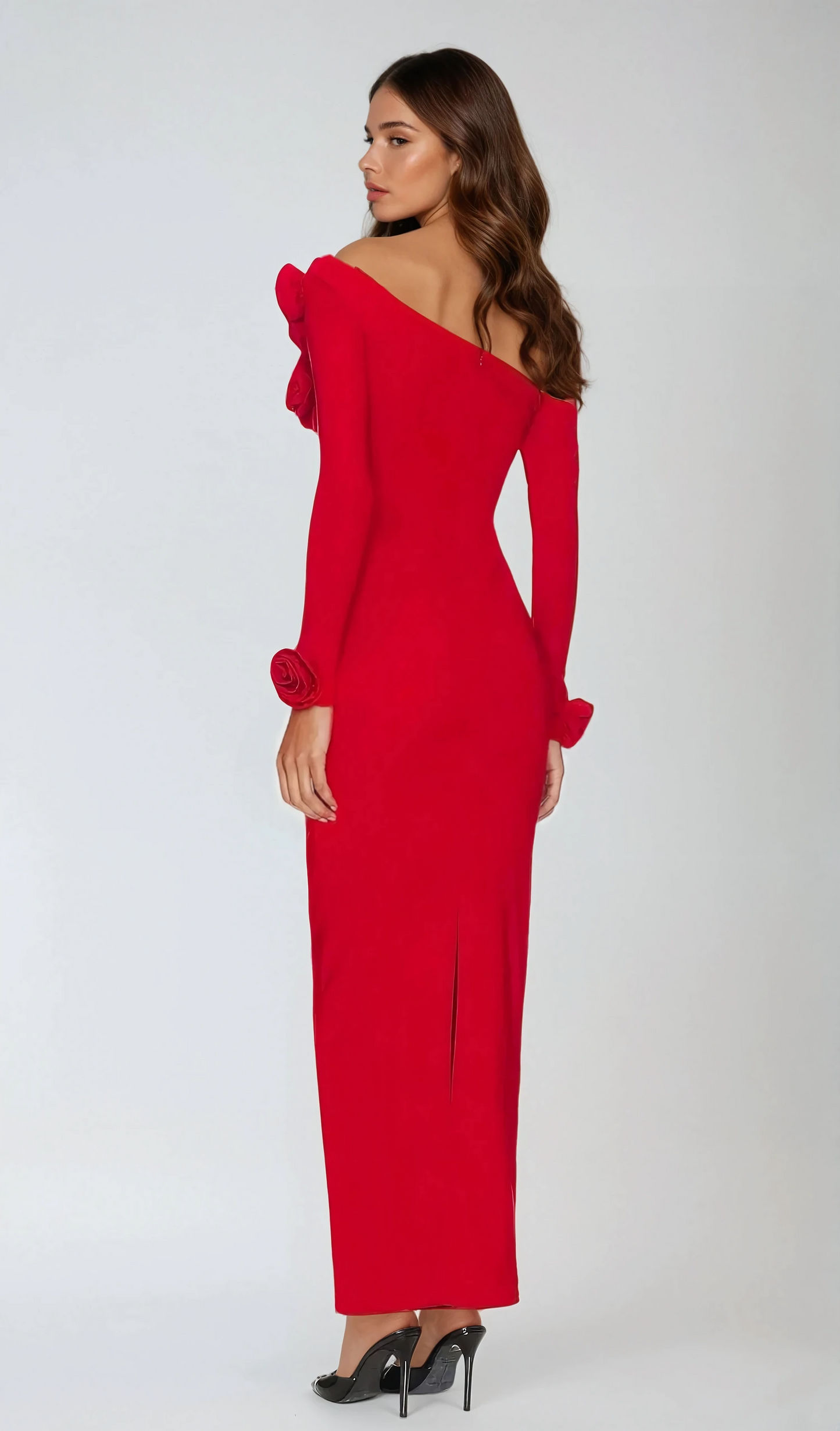 Asymmetrical Maxi Dress with Long Sleeves and Floral Detail - Red