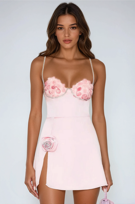 Mini Dress with Floral Embellished and Side Slit - Pink