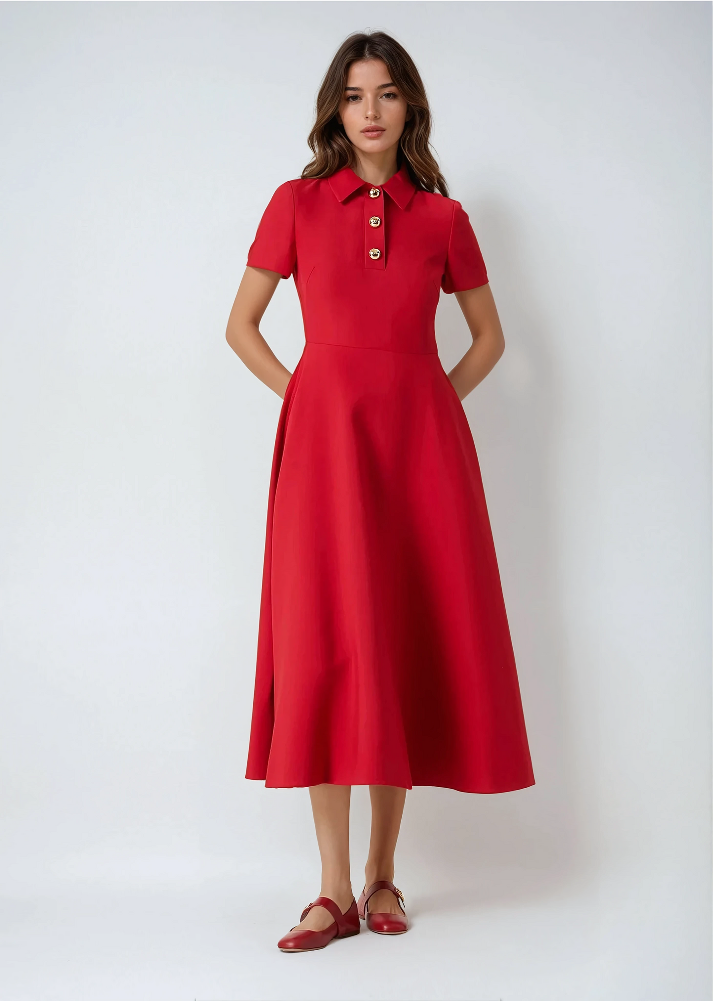 Short Sleeve Collared Buttoned Midi Dress- Red