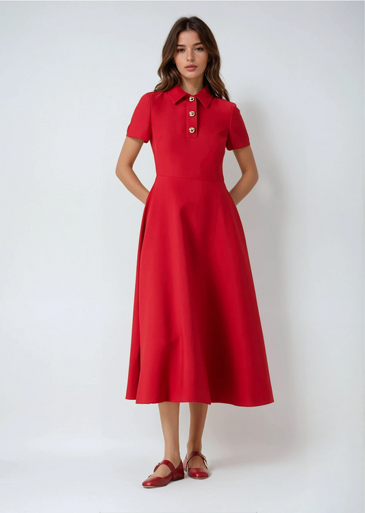 Short Sleeve Collared Buttoned Midi Dress- Red