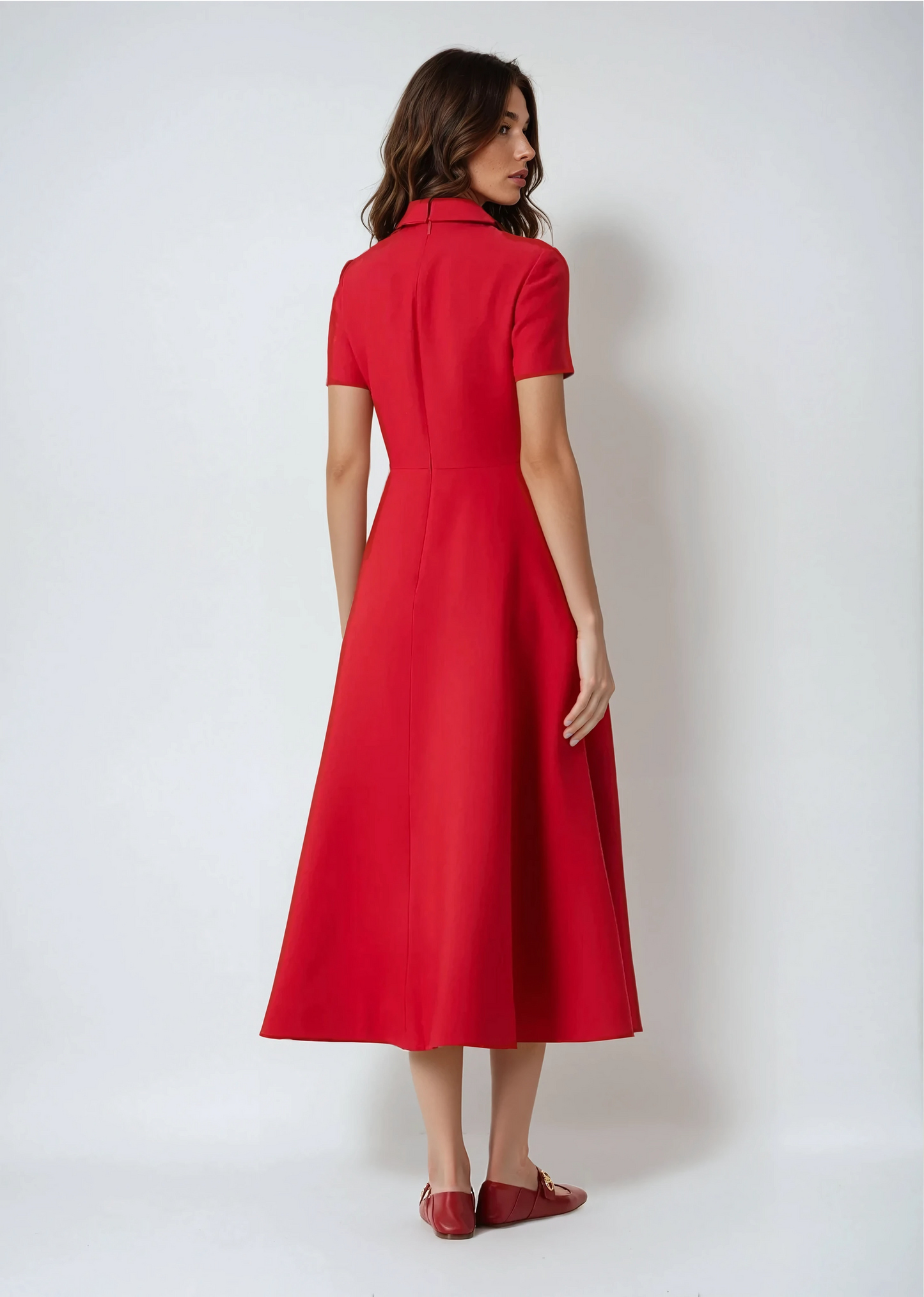 Short Sleeve Collared Buttoned Midi Dress- Red