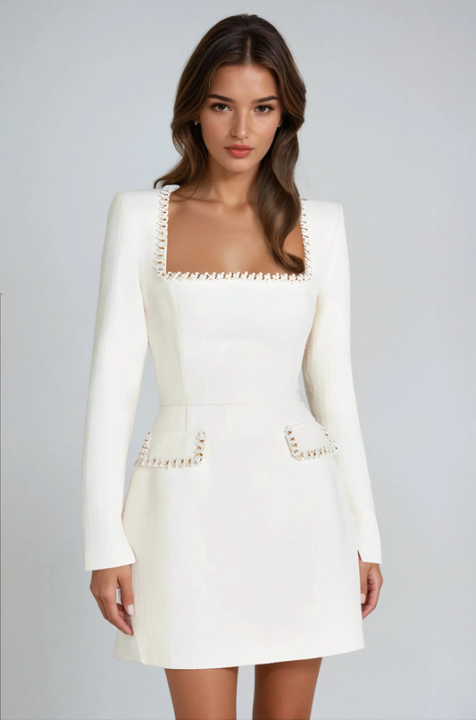 Embellished Square Neck Mini Dress - White