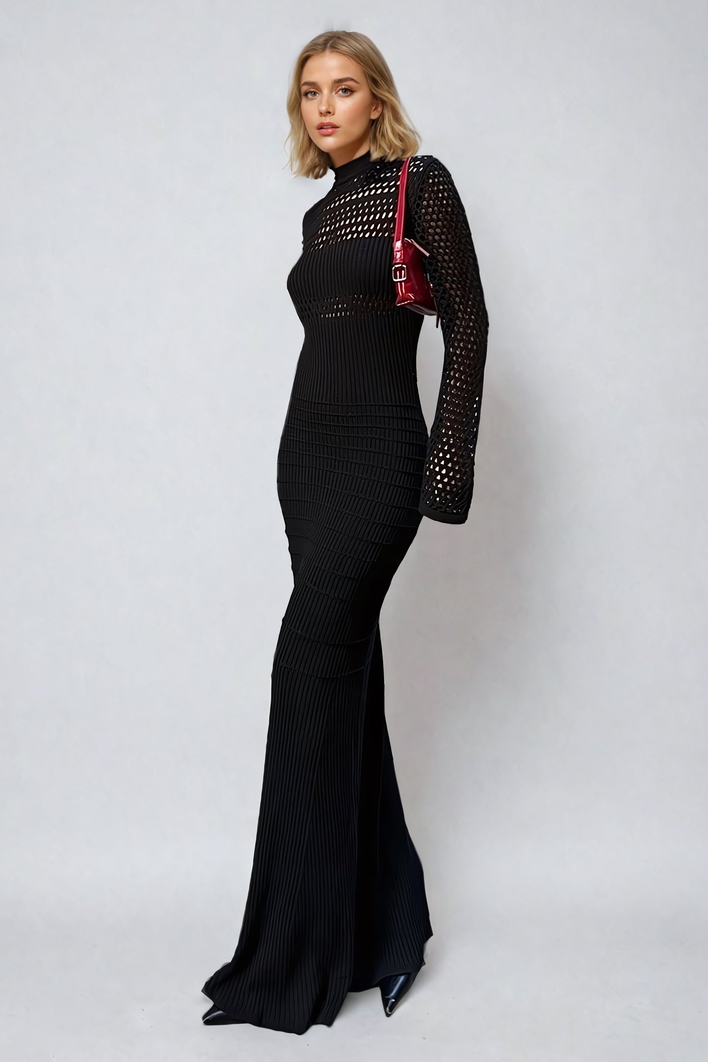 Hollow-Out Knitted Maxi Dress - Black